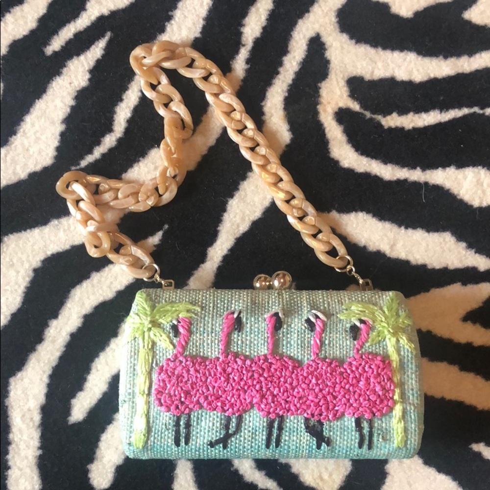 Serpui Flamingo Straw Clutch